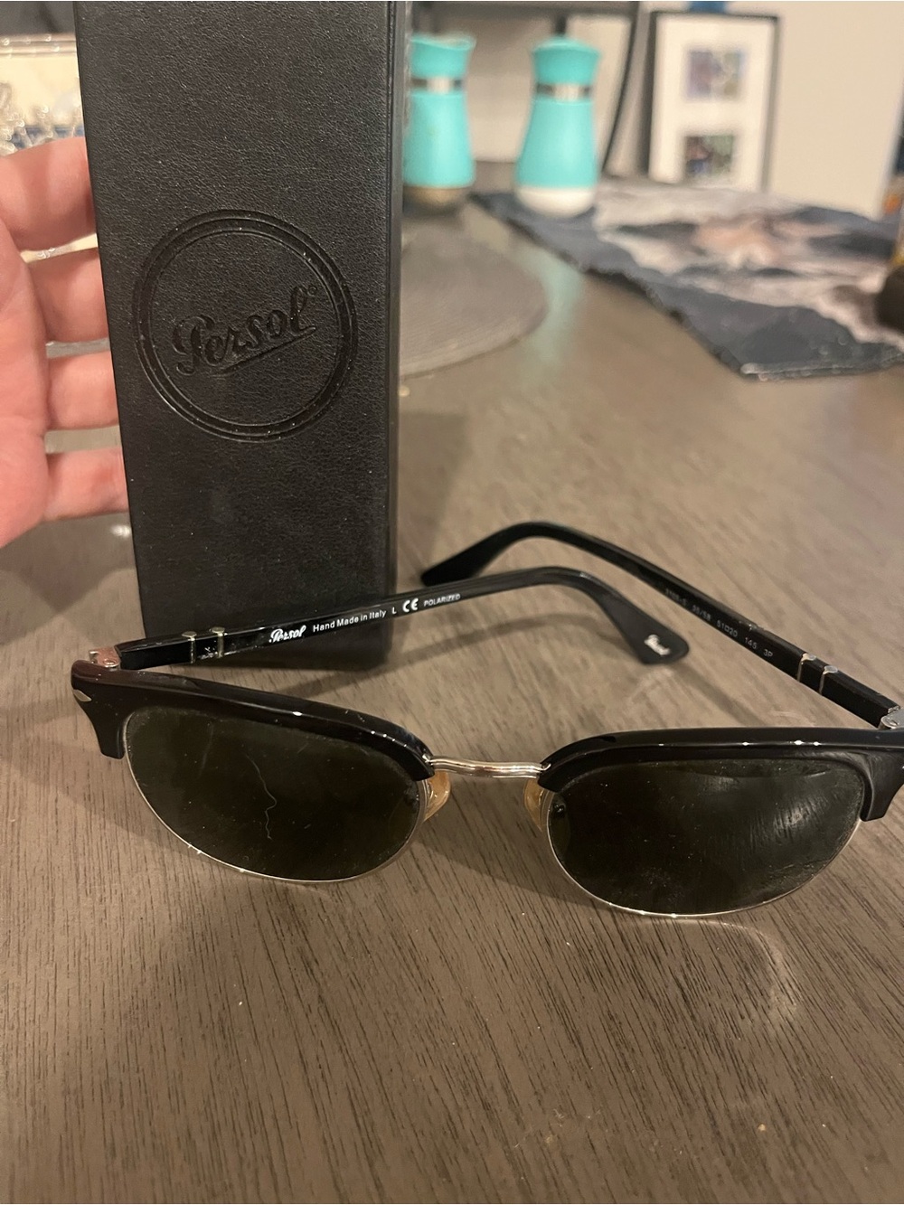 Persol Black & Gold Polarized Semi-Rim Clubmaster Sunglasses Unisex